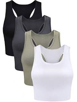 Boao 4 Stück Basic Crop Tank Tops Ärmellos Racerback Crop Sport Top für Frauen, Schwarz, Weiß, Grau, Olivgrün, X-Groß von Boao