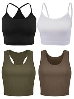 Boao bauchfreies Oberteil für Damen, Basic-Tops, Workout-Tops, Spaghettiträger-Tank-Tops, ärmellos, Racerback, Cami für Sport, Fitnessstudio, 4-teilig, Schwarz, Weiß, Armeegrün, Kaffee, Mittel von Boao