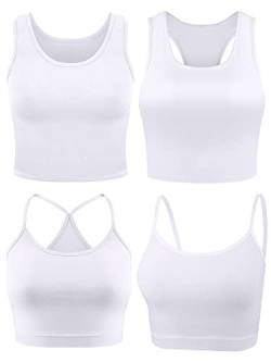 Boao 4 Stück Crop Tops für Frauen, Basic Workout Tops Spaghettiträger Tank Tops Ärmellos Racerback Cami für Sport Gym, Weiss/opulenter Garten, Mittel von Boao