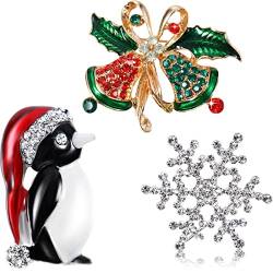 Strass Kristall Brosche, Elegante Mode Brosche Pins für Party Feier, 3 Stück (Pinguin, Schneeflocke und Glocke) von Boao