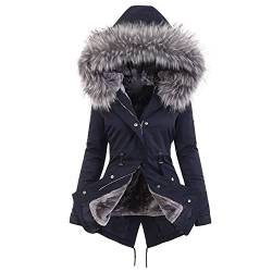 Boapond Damen Winterjacke Wintermantel Warme Damen Winter Jacke Steppjacke Verdicken Gefüttert Kunstfell Outdoor-Winterjacke mit Kapuze Winddichte Fleece Damen Mantel,a-Grau Blau,L von Boapond