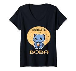 Damen Süße Kawaii-Katze Boba Bubble Boba Tea Anime Boba Tea Lovers T-Shirt mit V-Ausschnitt von Boba Tea Anime Katze Bubble Tea Milchtee Niedlich