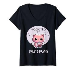 Damen Süße Kawaii Katze Japan Bubble Boba Tea Anime Boba Tea T-Shirt mit V-Ausschnitt von Boba Tea Anime Katze Bubble Tea Milchtee Niedlich
