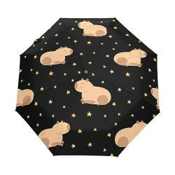Boccsty Lustiger Capybara Regenschirm mit gelben Sternen, automatisch, winddicht, wasserdicht, UV-Schutz, Reiseschirm – 3 Falten, automatisches Öffnen/Schließen, Sonne- und Regenschirm, Autoschirm, von Boccsty