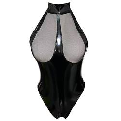 Damen Wetlook BodyLeder Bodysuit Brust Harness PU Leder Halsband mit Kette Erotik String Body Unterwäsche Gogo Unterwäsche Clubwear mit Neckholder von BodyGo