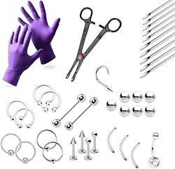 38-Piece Professional Piercing Kit - Lip, Nipple, Replacement Shaft Belly, Eyebrow, Tongue, Ear Piercing Jewelry - Needles, Gloves and Tools Included von BodyJewelryOnline