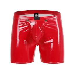 Bodywear4you Herren Leder Boxershorts Lack glänzend Optik, Wetlook sexy Unterwäsche, Clubwear Jockstraps mit offenem Schritt Ouvert Shorts Long Pants (as3, Alpha, l, Regular, Regular, Rot) von Bodywear4you