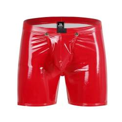 Bodywear4you Herren Leder Boxershorts Lack glänzend Optik, Wetlook sexy Unterwäsche, Clubwear Jockstraps mit offenem Schritt Ouvert Shorts Long Pants (as3, Alpha, s, Regular, Regular, Rot) von Bodywear4you