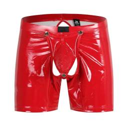 Bodywear4you Herren Leder Boxershorts Lack glänzend Optik Po offen, Wetlook sexy Unterwäsche, Reizwäsche für Männer, Clubwear Jockstraps Slips Tanga mit offenem Schritt Ouvert Shorts Pants (Rot, L) von Bodywear4you