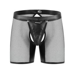 Bodywear4you Herren Leder Boxershorts Netz Optik, Wetlook sexy Unterwäsche, Dessous Reizwäsche für Männer, Clubwear Jockstraps Slips Tanga mit offenem Schritt Ouvert Shorts (schwarz, M/L) von Bodywear4you