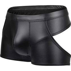 Bodywear4you Herren Ouvert Boxershorts Leder Optik Farbe Schwarz, Wetlook sexy Unterwäsche, Dessous Reizwäsche für Männer, Clubwear Jockstraps Slips bequemer Tanga Po offen Shorts Kunstleder (L/XL) von Bodywear4you