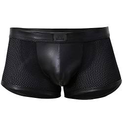 Herren Boxershorts Leder Netz Schwarz, Wetlook sexy Unterwäsche Herren, Boxershort mit Latex Lack Leder Optik, Dessous Erotik Reizwäsche für Männer, Trunks, Panty, Gogo Club Swinger Kleidung (XS/S) von Bodywear4you