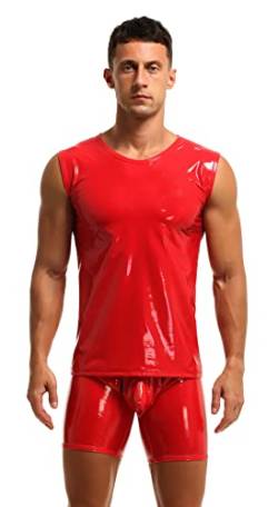 Herren Shirt Tank Top ohne Arm Leder Lack Latex Optik schwarz Männer Unterwäsche Stretch Hemd Tops Clubwear Guywear Gogo Swingerclub Freizeithemd Sommer Muskel Top Vinyl Oberteil (XL, Rot) von Bodywear4you