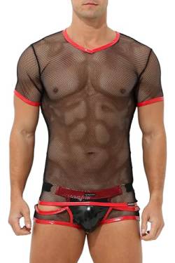 Herren T-Shirt Netz transparent mit Lack Leder Optik Männer Unterhemd Kurzarm Unterwäsche Stretch Clubwear Outfit (DE/NL/SE/PL, Alphanumerisch, L, Regular, Regular, Rot-Schwarz) von Bodywear4you