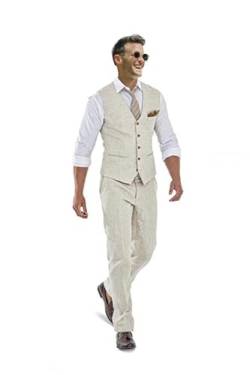 Casual Leinen Beige männer 2 Stück Anzüge Hochzeit Anzüge Slim Fit Trauzeugen Smoking Abschlussball Weste Sommer Leinen Weste+Hose, Beige, M von Bofan