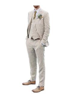 Männer Anzüge Leinen Strand Hochzeit Anzüge 3 Stück Groomsmen Kleidung Leinen Blazer Weste Hose Prom Smoking, Beige, XX-Large von Bofan