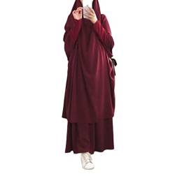 Muslimisches Zweiteiliges Gebetskleid für Frauen Abaya Kleid Islamischer Naher Osten Dubai Türkei Maxi Abaya Kaftan mit voller Länge Hijab Kleid Weinrot Einheitsgröße von Bohen