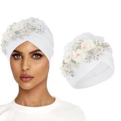 Bohend Afrikanische Blume Strass Turban Kappe Muslim Pre Gebunden Beanie Headwrap Pailletten Bonnet Kopftuch Stretch Plissee Frauen Hut, 1, Einheitsgröße von Bohend