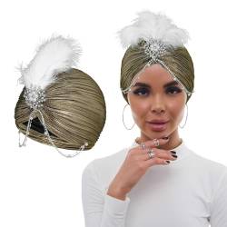 Bohend Blume Strass Turban Mütze Vintage Perlenkopfbedeckung Beanie Vorgebundene Plissierte Haube Frauen Brosche Feder Kopfbedeckung Hut (Polyester, Gold) von Bohend