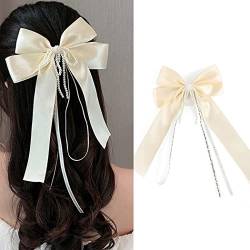 Bohend Groß Haarschleifen Schleife Haarklammer mit langem Schleife Strass Haar Klammern Party Haarschmuck für Frauen und Mädchen (beige) von Bohend