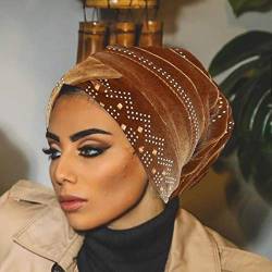 Bohend Vintage Strass Turban Schlaf Headwrap Wide Sparkly Sleep Turban Stirnband Kristall Muslim Hut Kopfbedeckung Beanie vorgebundene Motorhaube Samt Hut Kappe Haar Wrap für Frauen und Mädchen (Gold) von Bohend