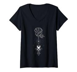 Damen Mystische Blume mit Mond Phase & esoterischer Form T-Shirt mit V-Ausschnitt von Boho T-Shirt