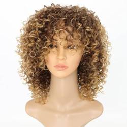 Lockige Gewellte Blonde Perücke Mit Bangs Für Schwarze Frauen Mit Premium Curly Afro Perücke, Kurze Synthetische Kinky Curly Daily Party Perücke Mit Bangs von Bokerom