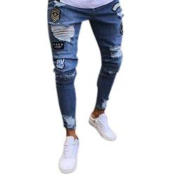 Bold Manner Herren Jeans Skinny Stretch mit Löchern Jeanshosen Used-Look Slim Fit Destroyed Denim Streetwear (EU XS=Etikett S, Blau) von Bold Manner