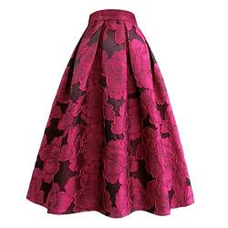 Bollrllr Vintage Elegant Damen Rosa Retro Floral Jacquard Hohe Taille Lang Midi Plissee Rock, 18, 40 von Bollrllr