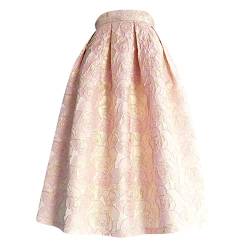 Bollrllr Vintage Elegant Damen Rosa Retro Floral Jacquard Hohe Taille Lang Midi Plissee Rock, 45, 48 von Bollrllr