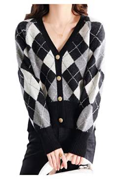 Retro Wolle Cardigan Damen V-Ausschnitt Kurzes Oberteil Rhombus Strick Colorblock Pullover, Black Gray9, M von Bollrllr