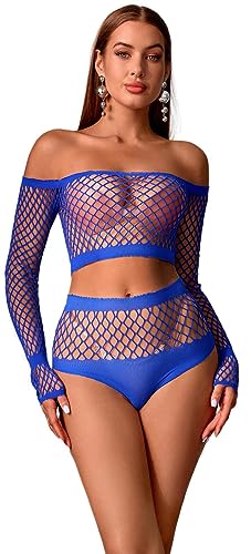 Bommi Fairy Damen Ausschnitt Fischnetz Dessous Set Reizwäsche Sexy Oberteil mit Unterteil Transparente Langarmshirts Party Kostüm Set (Blau) von Bommi Fairy