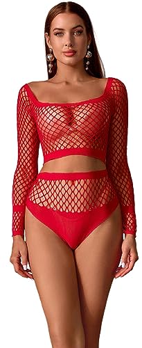 Bommi Fairy Damen Ausschnitt Fischnetz Dessous Set Reizwäsche Sexy Oberteil mit Unterteil Transparente Langarmshirts Party Kostüm Set (Rot) von Bommi Fairy