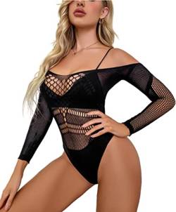 Bommi Fairy Damen Body Sexy Sheer Mesh Langarm Bodysuit Bluse Tops Overall Bodysuit mit Rundhals für Frauen Eleganter Jumpsuit (Schwarz-4) von Bommi Fairy