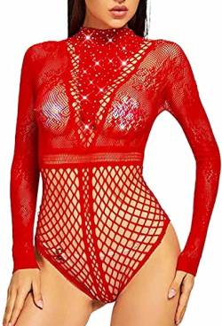 Bommi Fairy Damen Body Sexy Sheer Mesh Pailletten Langarm Bodysuit Bluse Tops Spitze Rundhals Oberteile Babydoll Lingerie Jumpsuit Bodysuit Einteilige Teddy (Rot) von Bommi Fairy