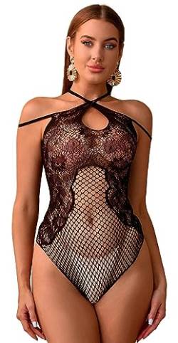 Bommi Fairy Damen Dessous Floral Spitze Fishnet Teddy Halter Bodysuit Babydoll Mesh Lingerie Sexy Shapewear Spitzenblumen Clubwear Top Leotard (Schwarz) von Bommi Fairy