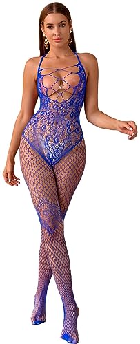 Bommi Fairy Damen Dessous Floral Spitze Neckholder Fishnet Teddy Mesh Dessous Sexy Shapewear Clubwear Stretch Schrittfrei Bodystocking Hollow-Out Strumpfhose (Blau) von Bommi Fairy