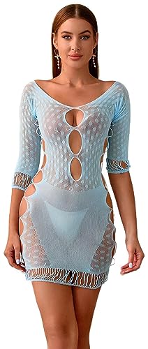 Bommi Fairy Damen Dessous Mesh Ausschnitt Cut-Out Bodycon Sexy Minikleid Fishnet Durchsichtiges Kleid Dessous Club Wear Party Kleid Out Fits (Hellblau) von Bommi Fairy