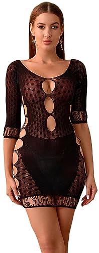 Bommi Fairy Damen Dessous Mesh Ausschnitt Cut-Out Bodycon Sexy Minikleid Fishnet Durchsichtiges Kleid Dessous Club Wear Party Kleid Out Fits (Schwarz) von Bommi Fairy