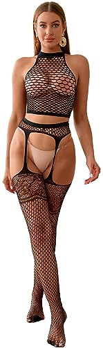 Bommi Fairy Damen Dessous Set Spitze Strumpfband + Oberteil Hohlkörper Fischnetz Netz Nachtwäsche Party Base Freie Größe (Schwarz) von Bommi Fairy