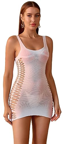 Bommi Fairy Damen Dessous Sexy Fishnet Bodysuit Bodycon Kleid Tief Rundhalsausschnitt Hollow Out Babydoll Mini Kleid Reizwäsche Einheitsgröße (Weiß) von Bommi Fairy