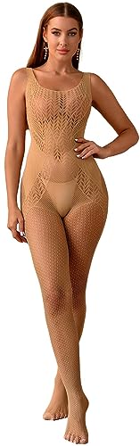 Bommi Fairy Damen Dessous Sexy Mesh BodyStocking Fischnetz Outfit Dessous Ärmellos Bodysuits Ein Stück Yoga Tanz Jumpsuit Unterwäsche (Mandel) von Bommi Fairy