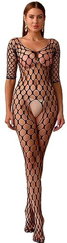 Bommi Fairy Damen Dessous Sexy Reizwäsche Fischnetz Nachtwäsche Dessous Langarm Babydolls Partykleid Netzstrümpfe Strumpfhose Einheitsgröße Stretch-Bottoming Suit (Schwarz) von Bommi Fairy