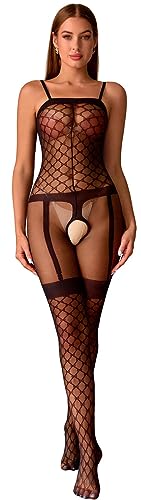 Bommi Fairy Damen Durchsichtiger Mesh Jumpsuit Bodystocking Sexy Sling Bodysuit Fischnetz Leopard Muster Schrittfrei Clubwear BodyconParty Einheitsgröße (Schwarz) von Bommi Fairy