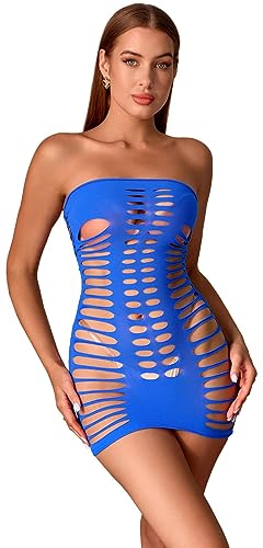 Bommi Fairy Damen Fischnetz Mesh Minikleid Reizwäsche Ausschnitt Kleid Chemise Bodysuit Sexy Brustträger Rock Clubwear Babydoll (Blau) von Bommi Fairy