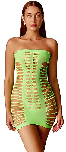 Bommi Fairy Damen Fischnetz Mesh Minikleid Reizwäsche Ausschnitt Kleid Chemise Bodysuit Sexy Brustträger Rock Clubwear Babydoll (Grün) von Bommi Fairy