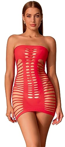 Bommi Fairy Damen Fischnetz Mesh Minikleid Reizwäsche Ausschnitt Kleid Chemise Bodysuit Sexy Brustträger Rock Clubwear Babydoll (Rot) von Bommi Fairy