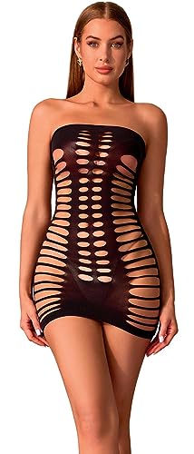 Bommi Fairy Damen Fischnetz Mesh Minikleid Reizwäsche Ausschnitt Kleid Chemise Bodysuit Sexy Brustträger Rock Clubwear Babydoll (Schwarz) von Bommi Fairy