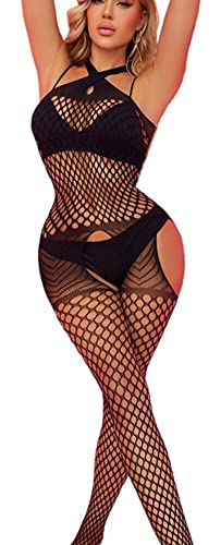 Bommi Fairy Damen Fischnetz Reizwäsche Netzwäsche Cut-Out Netzstrumpf Dessous Mesh Strumpfhosen Babydoll Nachtwäsche Scharf Outfit ClubKleid (Schwarz) von Bommi Fairy