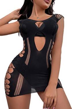 Bommi Fairy Damen Nahtlose Mesh Elastische Cut Out Reizwäsche Dessous Minikleid Nachtwäsche Dessous Sexy Kleider Fishnet (Schwarz) von Bommi Fairy